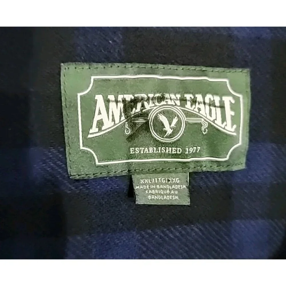 American Eagle Shacket Mens XXL Blue Black Plaid‎ Flannel Button Up Shirt READ